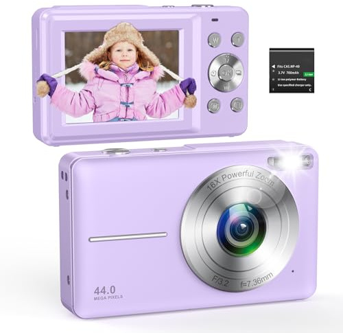 Appareil photo numérique compact 44 MP 1080p Zoom numérique 16x Caméra de vlogging facile Portable Petite caméra pour enfants, adolescents, seniors et débutants Violet