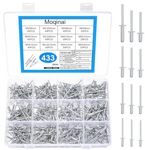 433 Stk Aluminium Blindnieten Set, Alu Nieten Popnieten Set(3/3,2/4/5 mm) x (6/8/10/12/20 mm), Pop-Nieten mit Großem Flansch, Alu Blindnieten für Blindnietzangen Metall Möbel Holz Marine Schiffsbau