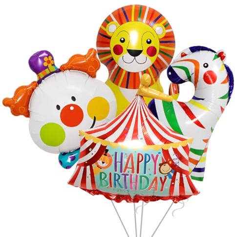 Koboko 4 Stück Zirkus Deko Folienballons, Clown Helium Ballon Karneval Deko, XXL Zirkuszelt Luftballons Geburtstag, Löwe Luftballons Karneval, Zirkus Dekoration Ballons Karnevals Party Geburtstag