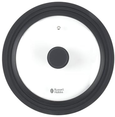 Russell Hobbs Smart Clip Glass Lid, Universal 24/26/28 Cm | Soft-Touch Silicone Rim, Steam Vent, Secure Quiet Fit, Helps Reduce Splashes, Space-Saving Replaces Multiple Lid Sizes