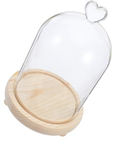 HOODANCOS Cloche Dôme en Verre de Cœur 12x16 Cm avec Socle en Bois et Guirlande Lumineuse LED Blanc Chaud, Couverture Paysagère en Verre Décorative Anti-poussière pour Plantes, Figurines