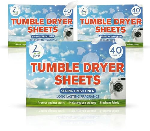 ZOPPER Tumble Dryer Sheets, Spring Fresh Linen, 40 Sheets x 3 (120 Total) | Scented, Anti-Static, Drying Sheets
