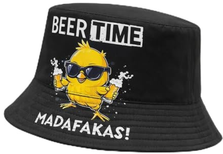 dalerno Beer Time Hut Fischerhut Schwarz Lustiger Bucket Hat Küken mit Bier Spruch Festival Party Cap Sommer JGA Malle Damen Herren Unisex Sonnenhut Spaß Saufen Geschenkidee Urlaub Strand Ballermann