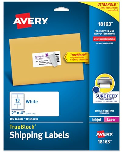Avery Printable Shipping Labels with Sure Feed, 2 x 4 Customizable Stickers, White, 100 Blank Mailing Labels, Great for Mailing, Shipping, and More (18163)