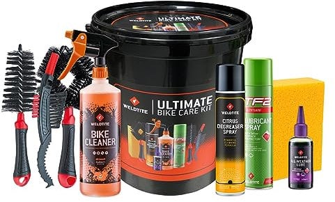 WELDTITE Ultimate Bike Care Kit Bucket - All-in-One Bicycle Maintenance Set With TF2 Spray, All Weather Lube, Cleaner, Degreaser, Brushes & Sponge
