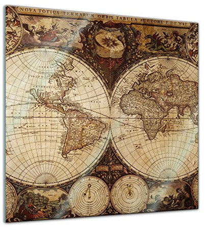Glasbild - Weltkarte Vintage - 30x30 cm - Deko Glas - Wandbild aus Glas - Bild auf Glas - Moderne Glasbilder - Glasfoto - Echtglas - kein Acryl - Handmade