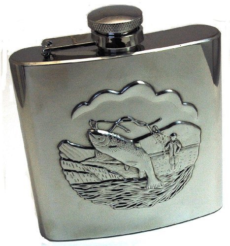 Artamis gents 6oz Fishing Fanatics All Stainless Steel Hip Flask In Presentation Box.