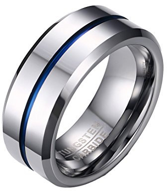 PAURO Herren Tungsten 8mm Ring Blau Grooved Center Poliert Finish Komfort Fit Größe 60
