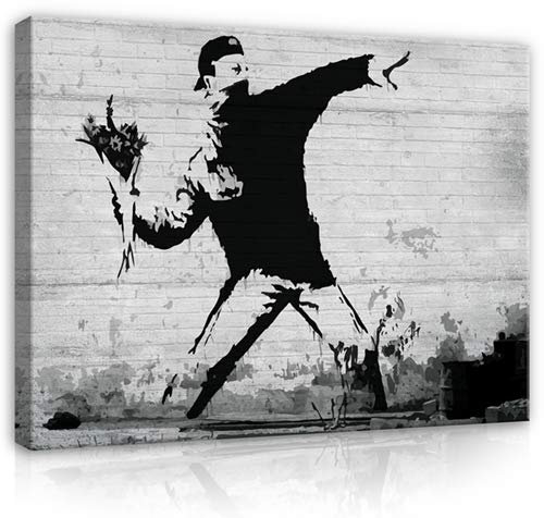 Forwall - Leinwand Bilder - Hooligan mit Blumen Bansky - 60x40 cm Leinwandbilder - Bild auf leinwand - Wandbild XXL groß Wandbilder für Wohnzimmer Schlafzimmer Wohnzimmerbilder Modern