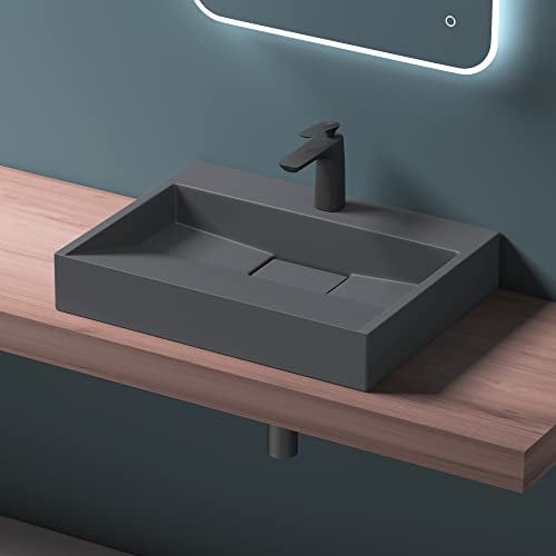 Mai & Mai Lavabo sobre Encimera Lavabo Suspendido Baño Lavabo | Rectangular | Antracita Mate | Mármol Fundido | 70x46x11cm | 1 Orificio para Grifo con Válvula de Desagüe | Colossum19