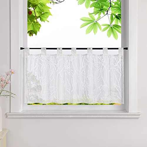 HeichkelL Ausbrenner Scheibengardine Transparent Kurzstores mit Schlaufen Voile Küche Gardine Zweigemuster Weiß HxB 60x90cm