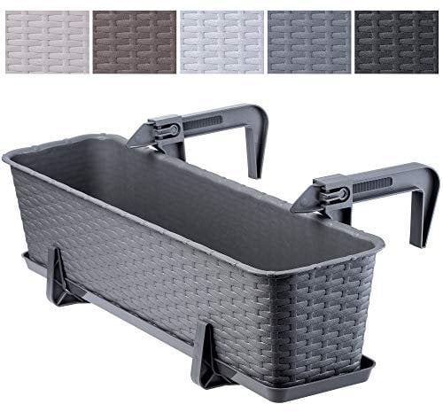 KADAX Maceta de Plástico Imitación Ratán, Macetero Rectangular con Platillo y Soportes para Exterior, Jardinera Colgante para Balcón (Grafito, 60 cm)