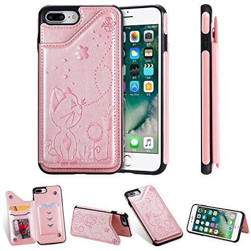 nancencen Kompatibel mit iPhone 7 Plus / 8 Plus Handyhülle, (Karten Slot) Flip Cover TPU Schutzhülle (Anti-Fall) für iPhone 7 Plus / 8 Plus -Katze und Schmetterling -Roségold