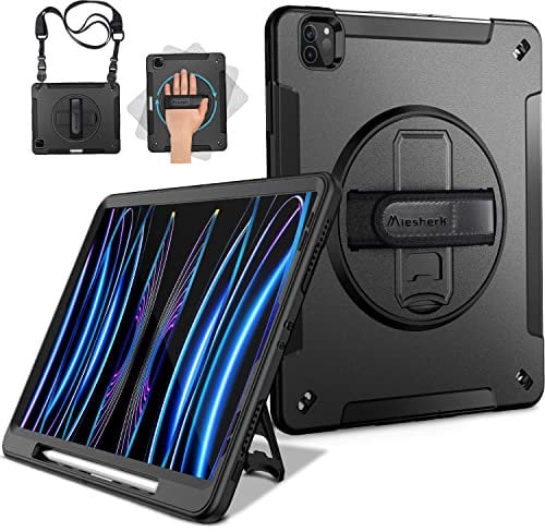 Miesherk Hülle für iPad Pro 11 2022/2021 4./3. Generation: Militärische Robuste 3-Schichte Stoßfeste Schutzhülle mit Stifthalter - 360° Drehbare Ständer-Handschlaufe - Schultergurt -Schwarz