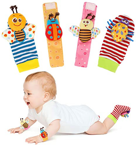 Luchild 4 PCS Bébé Poignet et Chaussettes Hochet Jouets, Hochet Bébé Jouets Sensoriels pour 0-12 Mois Bébés