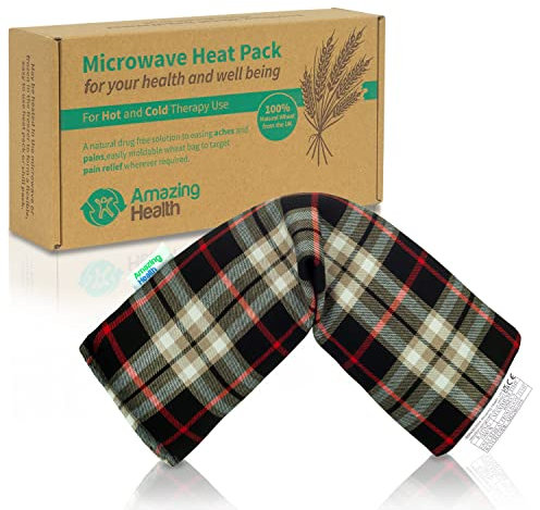 Amazing Health Bolsa de trigo para microondas sin aroma, tartán beige, 42 cm de largo, almohadilla térmica de algodón, bolsa caliente y fría, fabricada en Reino Unido, en caja de regalo