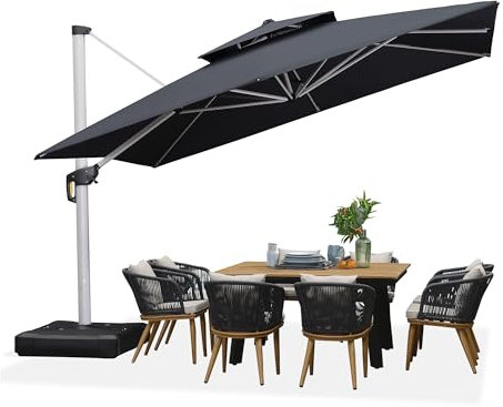 PURPLE LEAF Parasol Déporté 3,65 x 3,65 m Carré, Parasol De Jardin Extérieur Toit à Double Rotatif 360° avec Housse de Protection Luxueux, Gris acier