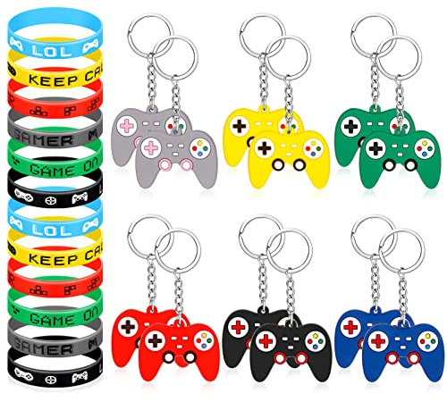 Dacitiery 24 Stück Spiel Spielarmbänder Kinder und Silikon Controller Schlüsselanhänger Kinder Set,Videospiel Controller Schlüsselbund Schlüsselringe für Videospiel-Themen Partyzubehör