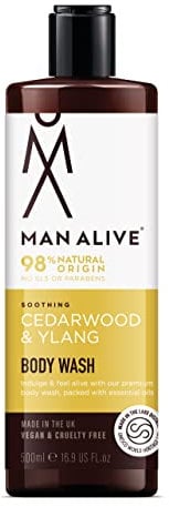 MAN ALIVE Shower Gel for men, 500ml mens body wash & face wash contains a masculine scent, Vegan, SLS Free & sulfate free formula. ideal mens grooming gifts for men (Cedarwood & Ylang, Single)