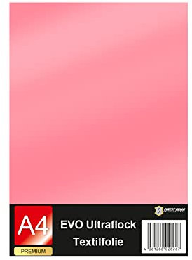 Evo Ultraflock Textilfolie für Plotter 33 Farben Flockfolie im Din A4 Format 30x20cm Plotterfolie für Stoff Kleidung T-Shirt Flock Folie Zubehör (1 Bogen, 009 Babyrosa)
