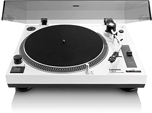 Lenco L-3810 Giradischi con azionamento diretto – Giradischi DJ – 33/45 giri/min – Pitch Control – Sistema di pickup magnetico – Illuminazione ago – Pitch Control – Bianco