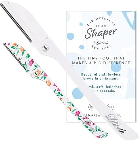 Lilibeth of New York Original Brow Shaper - Foldable Eyebrow Trimmer & Facial Hair Removal Device - Peach Fuzz Remover - Dermaplaning Tool for Women - Pack of 2 (Floral White)