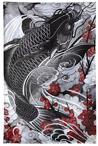 Großer 125x190CM Kohaku schwarzer Koi-Karpfen Wandteppich Wandbehang Japanese Style | Japan ukiyo-e Manga Wandtuch Tuch Tapestry XXL | Wanddeko für Wohnzimmer Geschenk ästhetisch