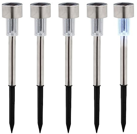 Relaxdays Solarlampen 5er Set, kaltweiß, wasserdicht, Dämmerungssensor, LED Solarlicht, HxD: 31 x 4,5 cm, Silber/schwarz, Metall
