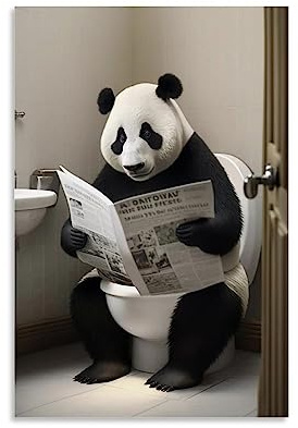 WEERSHUN Poster mit Panda-Motiv auf Toilette, zum Lesen, Zeitungsposter für Kinder, Badezimmer, Humor, lustiges Tier auf Toilette, schwarz-weiß, Poster, 90er-Jahre-Leinwand, Wandkunst, Raum,
