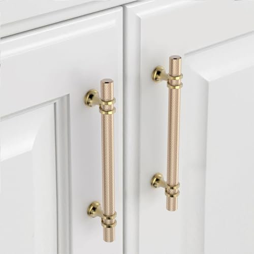 9BUILD EU0043 Pack of 10 Gold Cabinet Handles, 160mm Hole Spacing, Brushed Brass Knurled Kitchen Cabinet Door Handles