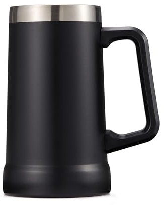 KooK Beer Stein, Stainless Steel Coffee Mug, Tumbler with Thermal Vacuum Insulation, Double Walled Drinking Cup, Large Handle, Shatterproof (Black)
