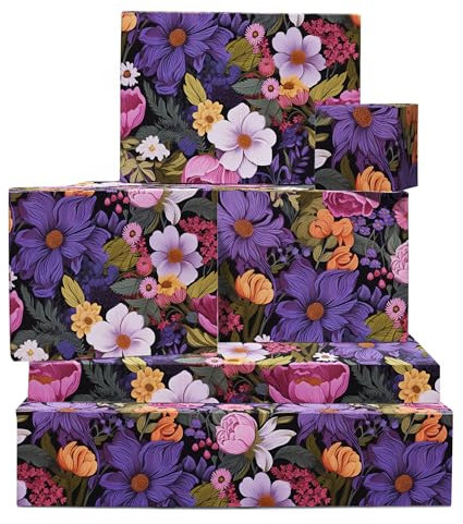 Blumen Geschenkpapier Frühling Für Frauen – 6 Bögen Geschenkpapier Zum Geburtstag – Rosa Lila Weiße Gelbe Blumen – Hochzeit Brautparty – Mit Aufklebern – Von Central 23