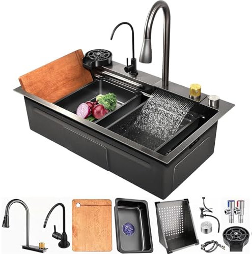 Küchen Spülbecken Deluxe Multifunktionale Edelstahlspüle Modernes Wasserfall Schwarze Spüle mit Multifunktionswasserhahn, Tassenwaschanlage und Seifenspender(80 * 45cm)