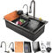Küchen Spülbecken Deluxe Multifunktionale Edelstahlspüle Modernes Wasserfall Schwarze Spüle mit Multifunktionswasserhahn, Tassenwaschanlage und Seifenspender（80 * 45cm）