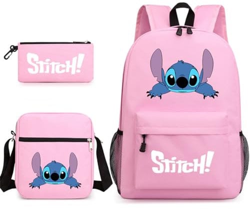 Stitch 3 Pezzi Zaino per Bambini Astuccio Portamatite Borsa a Tracolla per Giovani Cartoon Moda Adatto per Ragazzi e Studenti, Rosa 1, Taglia unica