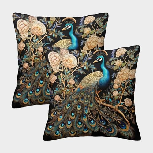 KWFYBEHZ Pfau Kissenbezug 50x50cm 2er-Pack,Outdoor Kissen Dekorativer Kissenbezug Chic Bird Kissenbezug Eignet Sich Für Sofa- Und Wohnzimmer-Dekokissen