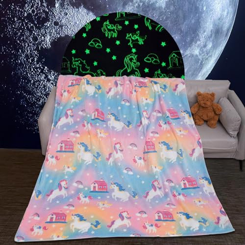 Einhorn Decke Glow In The Dark Kinder Kuscheldecke Flauschig MäDchen Geschenke 6-14 Jahre Geburtstag Couch Sofa üBerwurfdecke Fleecedecke Zimmer Deko Wolldecke (Einhorn House, 120 x 160 cm)