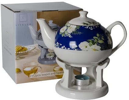 Livello Porzellan Teekanne mit Stövchen 1000 ml eleganter Teebereiter für heiße Getränke langlebig und leicht zu reinigen stilvolles Design für Kaffee und Tee Blumen Blau