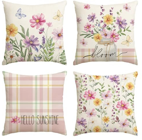 Artoid Mode Blumen Vase Blätter Frühling Kissenbezüge 4er Set, 50x50 cm Sommer Strifen Tupfen Sunshine Zierkissenbezug Couch Wohnzimmer Deko