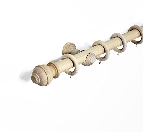 Lister Cartwright 33 mm Ribbed Ball Wood Curtain Poles Fixed Length Premium Quality Curtain Pole Wooden Beautiful Design Rubber Wooden Finials, Ash Color 200 cm