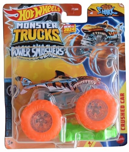 Hot Wheels Monster Trucks Tiger Shark, inklusive Crushed Car im Maßstab 1:64 Druckguss