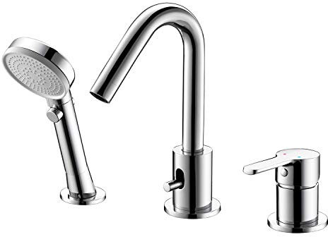 CREA 3 Loch Badewannenarmatur, 3 Loch Wannenrandarmatur mit Ausziehbarem Handbrause, 3 Loch Armatur für Badewanne mit 3-Funktion-Handbrause, Einzelgriff Wannenarmatur,Badarmatur Badewanne,Chrom