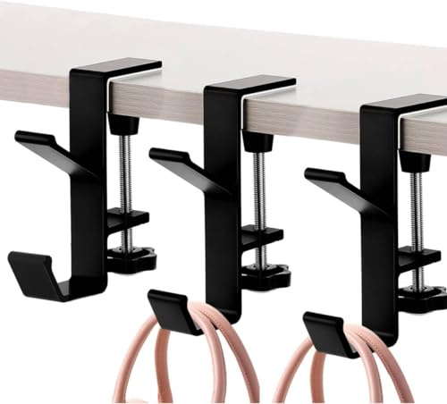 YUANQIAN Clamp-On Under Desk Headphone Holder Backpack Hook Students' Desk Hook with Adjustable Arm Clamp Women's Bag Handbag and Purse Holder -Suitable for Plate Between 1-5cm (3Pack Black, 3)