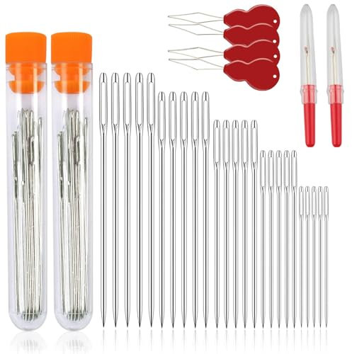 Barlone Sticknadeln, Nähnadeln, 50 Stück Sticknadel mit Großem Öhr, 5 Größen von Stahl Nähnadeln, Groß Auge Nadeln Mit 4 Nadeleinfädler, 2 Aufbewahrungsrohr, 2 Nahttrenner, für Webarbeit Sticken Nähen