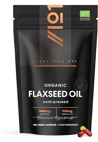 Organic Flaxseed Oil Capsules 1440mg - 64% Omega 3-6-9 – 120 Count – Cold Pressed – Rich in Alpha Linoleic Acid, Linoleic Acid & Oleic Acid - by Alpha01