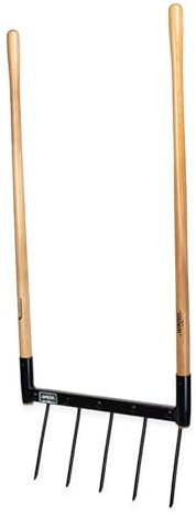 De Woeler DW5 Broadfork – Grabegabel mit 5 Edelstahlzinken (45 cm), ergonomischer FSC-Holzgriff, zur Bodenbelüftung & Beetpflege, Robustes Gartengerät für lockeren Boden
