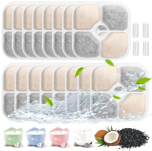 16 Stück Katzenbrunnen Filter für Catit Filter Trinkbrunnen, Aktivkohle Filter Katzenbrunnen für catit pixi trinkbrunnen, Dreifaches Filtersystem Filter für Katzenbrunnen mit 4 Pumpenschläuchen