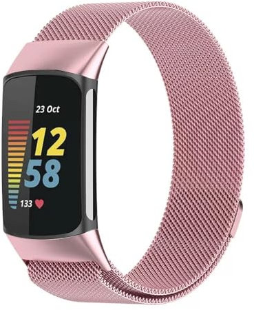 Koelaa Metall Armband Kompatibel mit Fitbit Charge 6/Charge 5, Männer und Frauen Atmungsaktiv Ersatzarmband, Gewebte Mesh Metall Uhrenarmband, Magnetisch Ersatzarmband-Rosa
