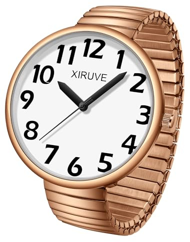 XIRUVE Damen Herren Gut Lesbar 43mm Gehäuse mit Große Ziffern Weißes Zifferblatt Edelstahl Zugarmband Analog Quarz Armbanduhr