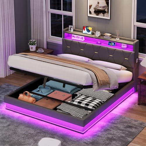 4ft6 Double Upholstered Bed Frame with Hydraulic Lift & Concealed Storage Headboard, Linen Functional Ottoman Bed with LED Lighting & Charging Station, Gas Lift Beds with Storage & Wooden Slats, Grey